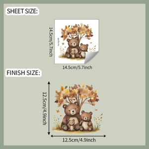 Detail of cartoon bear wall sticker showing sheet size and finish size dimensions