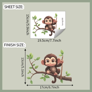 Dimensions détaillées pour sticker mural singe dessin animé de 15x19,5cm et 13x17cm