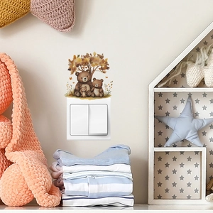 Cartoon bear family wall sticker for bedroom switches with warm autumn tree scene