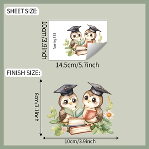 Detailed dimensions of cartoon owl wall stickers with graduation caps and books