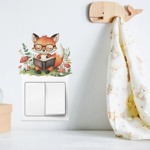 Cartoon fox reading book wall sticker for light switch decor in kid's room nursery