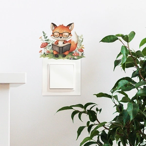 Cartoon fox reading book wall sticker for light switch decoration in watercolor style