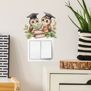 Cartoon owl light switch sticker with watercolor birds and flowers for home wall decor