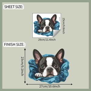 Detail view of cartoon dog wall sticker with sheet and finish size measurements