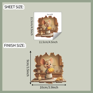Detailed size comparison for 3D cartoon mouse wall sticker with sheet and finish dimensions