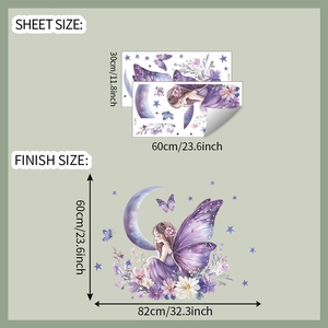 Detail view of butterfly fairy wall decals showing sheet size and finish effect dimensions