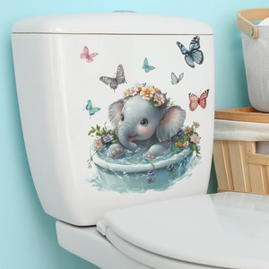 Cute elephant in bathtub wall sticker with colorful butterflies for bathroom decor