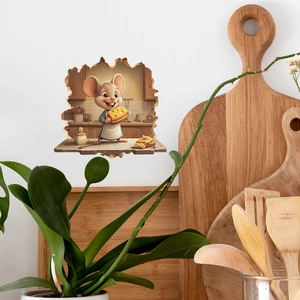3D cartoon mouse with cheese wall sticker shown on a kitchen wall for home decor