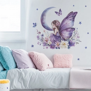 Fairy and butterfly wall sticker above bed in a dreamy bedroom decor scene