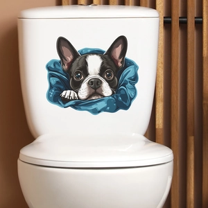 Funny cartoon French Bulldog wall sticker for bathroom decor on white ceramic toilet tank