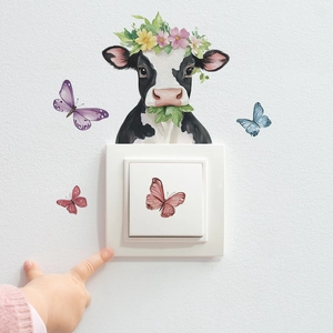 Cow and butterfly wall stickers for home switches with watercolor hand-painted PVC design