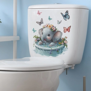 Cartoon baby elephant and butterflies decorative sticker for bathroom toilet tank cover