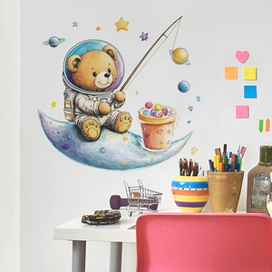 Cartoon Astronaut Bear Fishing Stars Moon Planets Wall Stickers PVC Removable Wall Decor For Kids Room Nursery Bedroom
