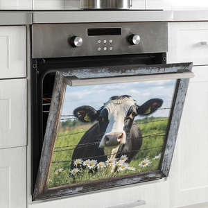 Country cow fridge magnet sticker with black and white cattle and daisy flowers scenery
