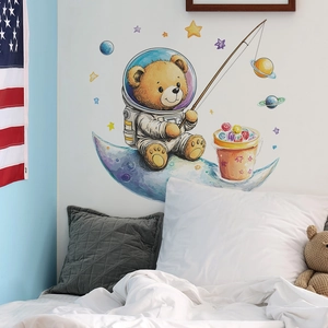 Cartoon astronaut bear fishing stars wall decal for kids bedroom nursery wall decor