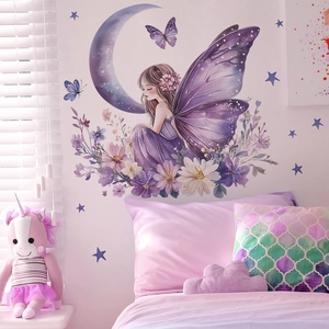Fairy and crescent moon wall decal with purple butterflies and flowers for bedroom decor