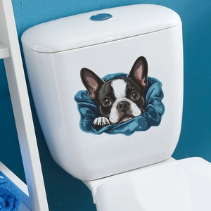 Cute bulldog peering through blue cloth creative waterproof PVC toilet lid sticker