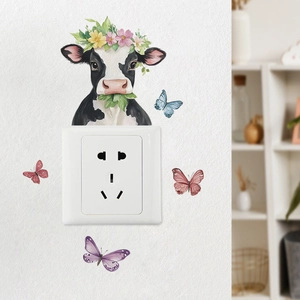 Floral cow wall sticker with colorful butterflies for light switch decoration