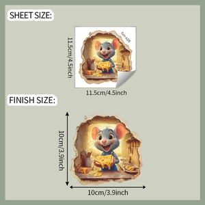 Detail showing 3D mouse hole wall sticker dimensions for sheet and finished size