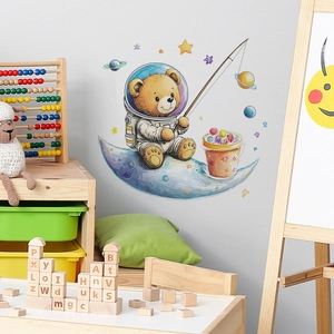 Cartoon astronaut bear fishing stars wall sticker for kid bedroom and nursery room decor