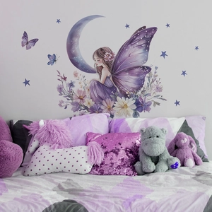 Ethereal fairy on crescent moon wall sticker with purple butterfly wings and flowers