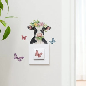 Watercolor cow head with flower crown and butterflies wall decal for light switch decoration