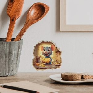 Detailed 3D cartoon mouse wall sticker with cheese and cracked wall effect for kitchen decor