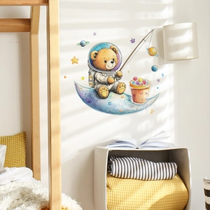 Cartoon astronaut bear fishing on a blue moon wall sticker for kids bedroom decor