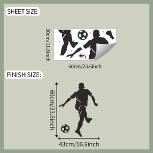 Detail view of black soccer player silhouette wall decal showing sheet and finish dimensions