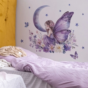 Whimsical flower fairy and purple moon wall decal for cozy bedroom decor