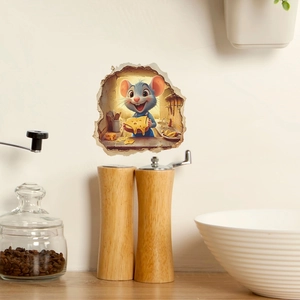 Detailed view of a 3D cartoon blue mouse with cheese sticker on a kitchen wall