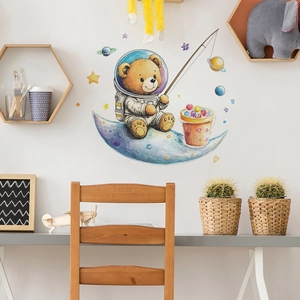 Cartoon astronaut bear wall sticker fishing stars for nursery and bedroom decoration