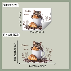 Detailed wall sticker size guide showing cute cat with croissant and coffee time theme