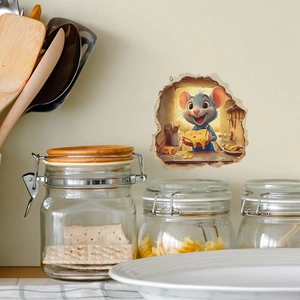3D cartoon mouse with cheese wall sticker shown in a warm kitchen setting with glass jars