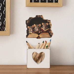 3D cartoon mice reading in wall hole sticker for home decoration and wall art decal