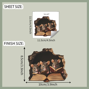Detailed size comparison for 3D mouse reading wall sticker showing sheet and finish dimensions