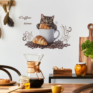 Cute cat in coffee cup wall sticker with croissants and coffee beans decor for kitchen
