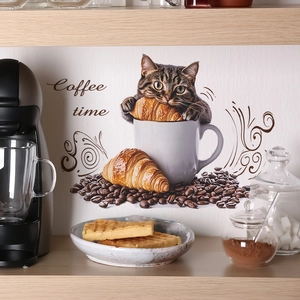Cute cat with croissant and coffee beans kitchen wall decal featuring Coffee Time text