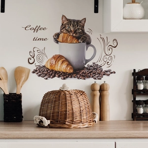 Cute tabby cat in coffee cup wall sticker with croissant and coffee beans for kitchen decor