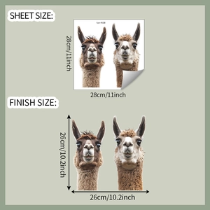 Detail view of alpaca wall stickers showing 28x28cm sheet and 26x26cm finish size