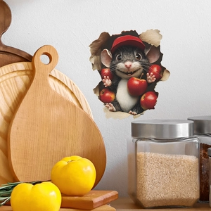 Detail of 3D mouse hole wall sticker featuring a cute cartoon rat with red apples