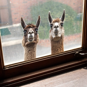Adorable alpaca wall stickers looking through a window for home balcony decoration