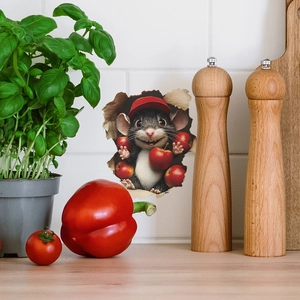 3D cartoon mouse with red baseball cap and red apples on a white tile kitchen wall sticker