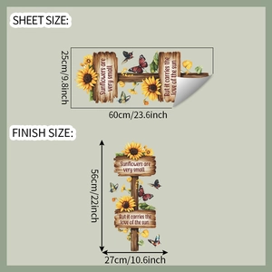 Detail view of sunflower wall decal showing sheet size 25x60cm and finish size 56x27cm