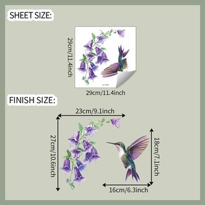 Detail of purple morning glory and hummingbird wall sticker sheet with finish size guide