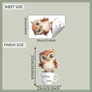 Tableau des tailles détaillé pour autocollant mural hibou et café avec dimensions