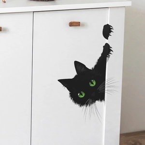 Peeking black cat wall sticker with green eyes and claw marks for home decor