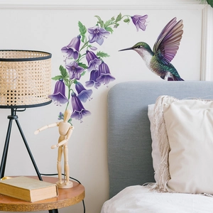 Purple morning glory wall sticker with hummingbird for living room wall decoration