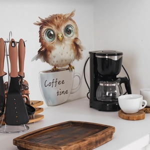 Sticker mural hibou et tasse à café pour décoration créative de cuisine et salle à manger