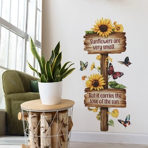 Inspirational sunflower and butterfly wall sticker with wooden sign and quote for home decor
